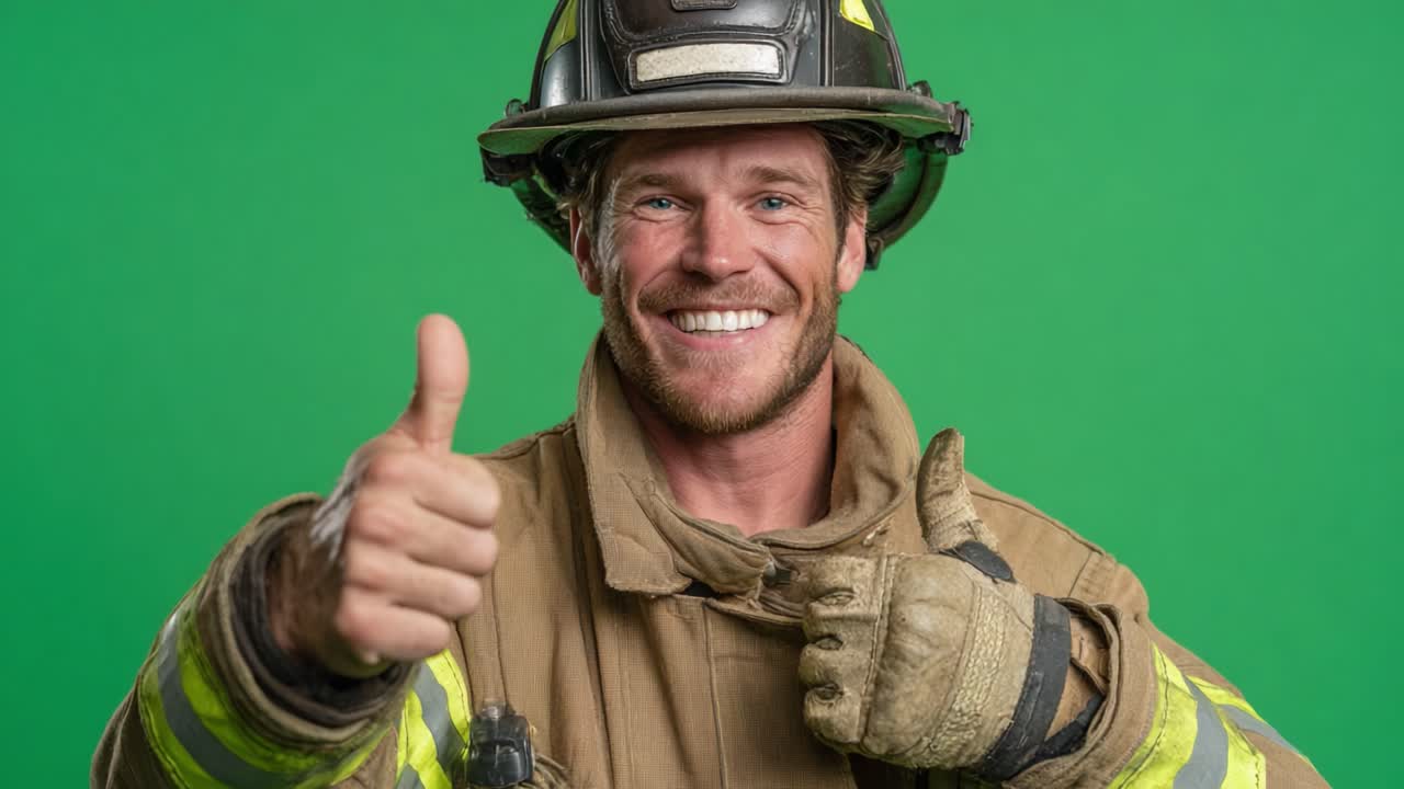 A Joyful Firefighter Celebrates Accomplishments with a Heartwarming Smile and Thumbs Up Gesture Against a Vibrant Green Background
