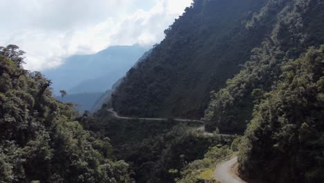 Aerial-follows-'Death-Road'-Yungas-in-steep-Bolivian-Andes-mountains