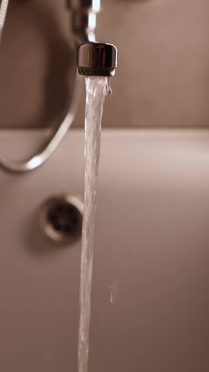 L'acqua limpida scorre dal rubinetto del bagno. La vasca da bagno è piena d'acqua. Rubinetto rotto. Rubinetto arrugginito nel bagno.