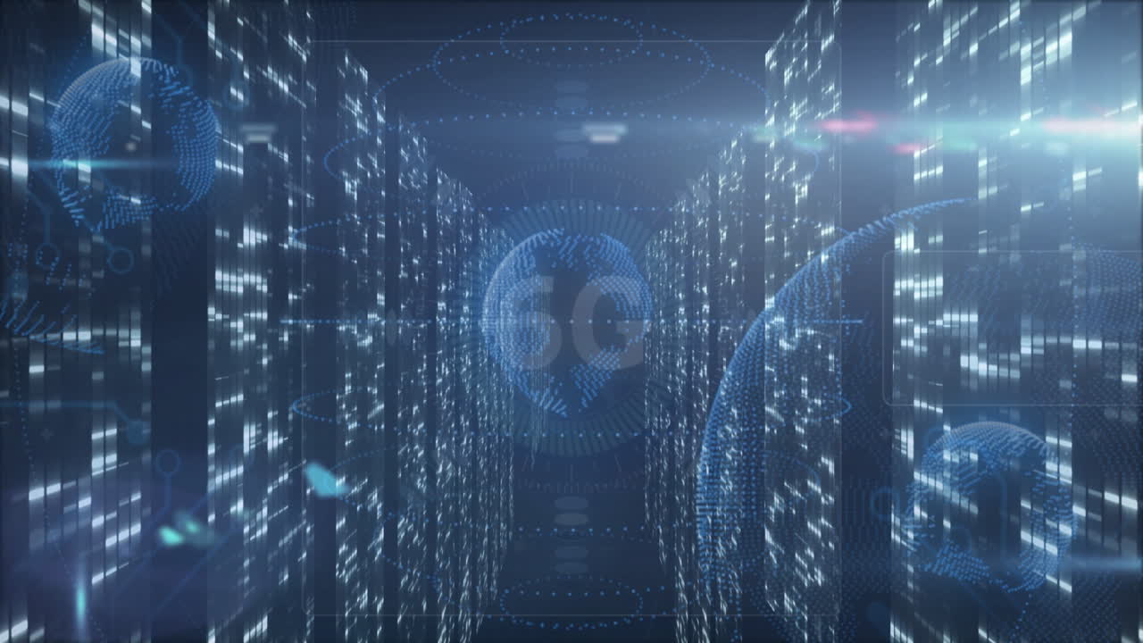 5G technology globe with digital data streams in futuristic corridor animation