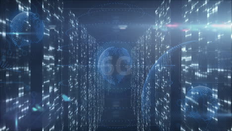 5g technology globe with digital data streams in futuristic corridor animation