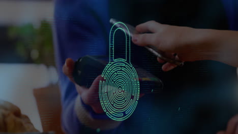 security padlock icon against man making payment through nfc technology