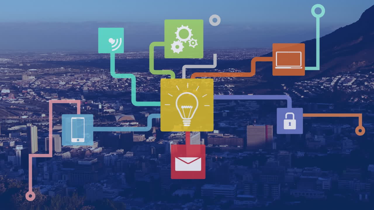 도시 풍경과 해양 풍경 위의 기술 아이콘의 애니메이션