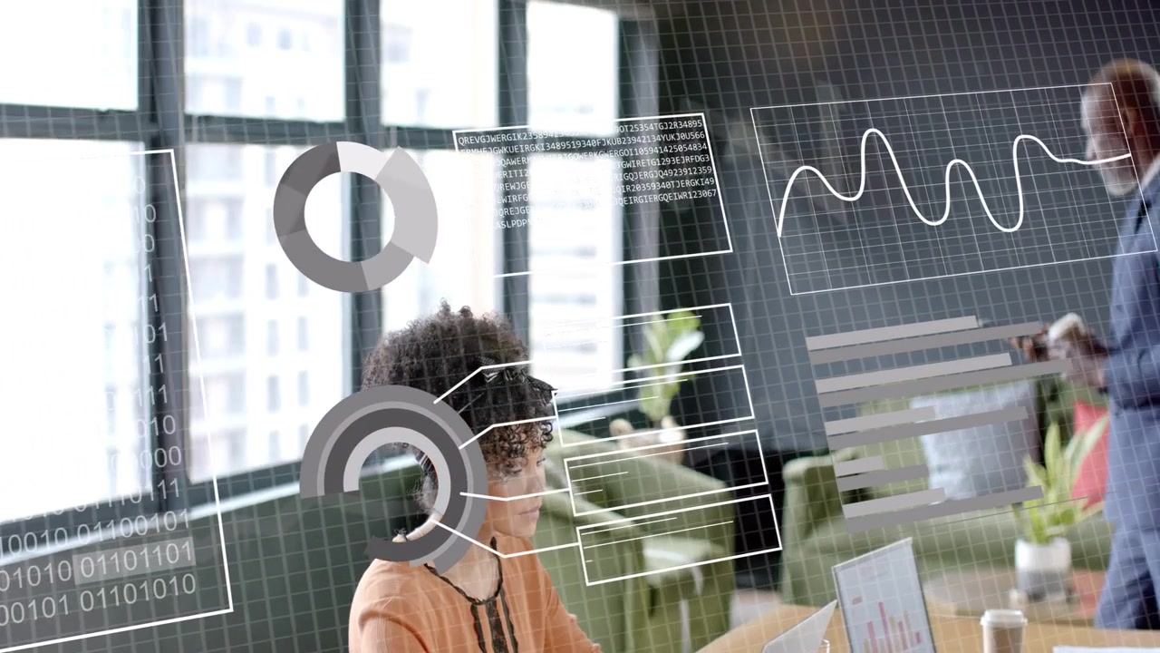 Woman typing laptop by windows causing binary matrix and charts moving right for business insight