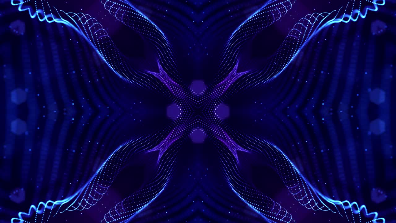 Abstract theme of microworld or nanotechnology. 4k looped sci-fi 3d background with light effects. Glow blue particles form lines, surfaces, complex symmetrical structures like in kaleidoscope.