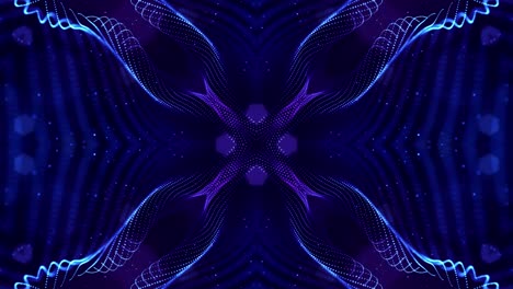 tema abstracto de microworld o nanotecnología. 4k bucle de ciencia ficción 3d fondo con efectos de luz. partículas azul brillante forman líneas, superficies, estructuras simétricas complejas como en el caleidoscopio.