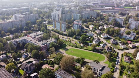 soviet-era apartment buildings district in suburbs of riga, aerial view