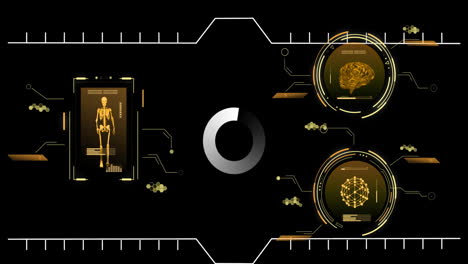 animación del procesamiento de datos y círculo sobre fondo negro.
