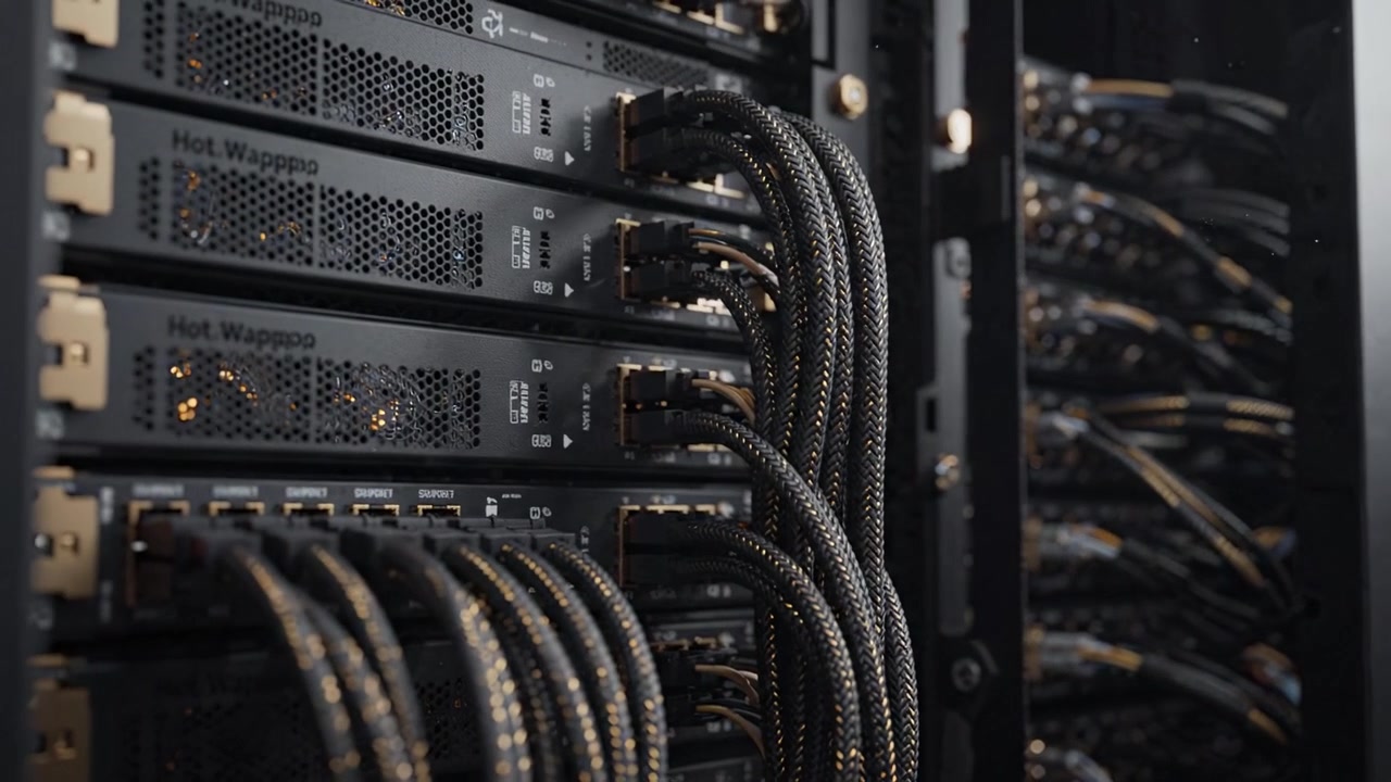 A Glimpse into the Heart of Data Centers: High-Tech Servers and Cables Thriving in a Dust-Free Environment Surrounded by Glimmers of Light and Intricacy
