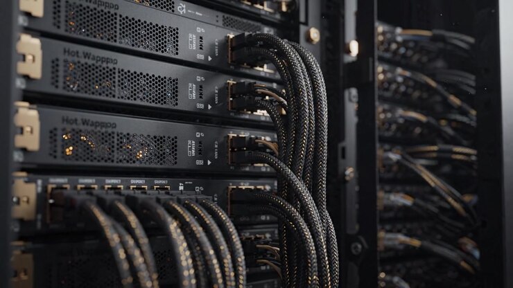 A Glimpse into the Heart of Data Centers: High-Tech Servers and Cables Thriving in a Dust-Free Environment Surrounded by Glimmers of Light and Intricacy