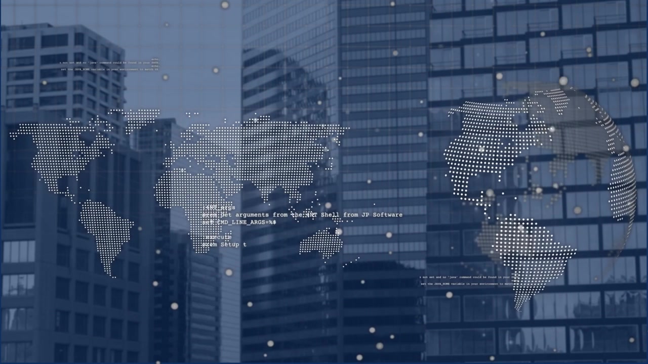 Animasjon av databehandling og en globus over et bybilde.