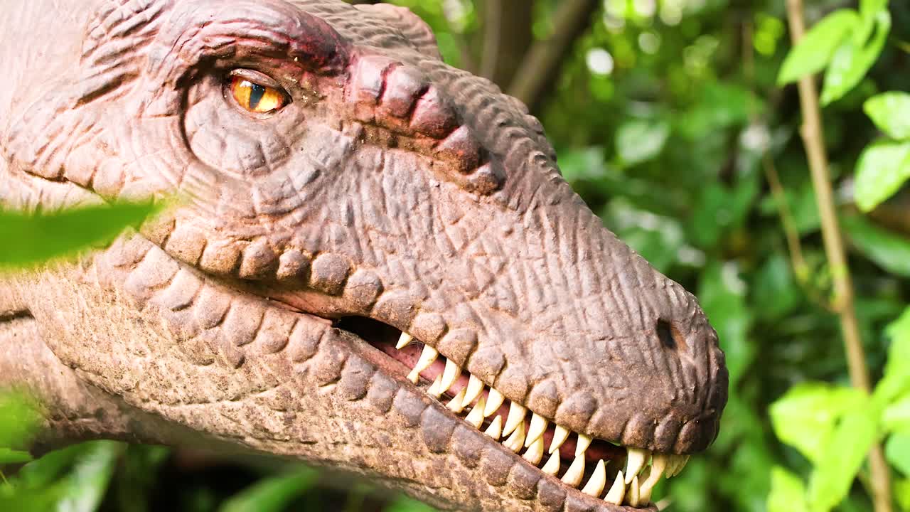 Animatronic dinosaur head moves subtly amidst vibrant foliage, under bright daylight, creating a lifelike prehistoric scene