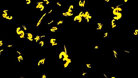 signs of dollar, euro, pound and yen falling on the black background