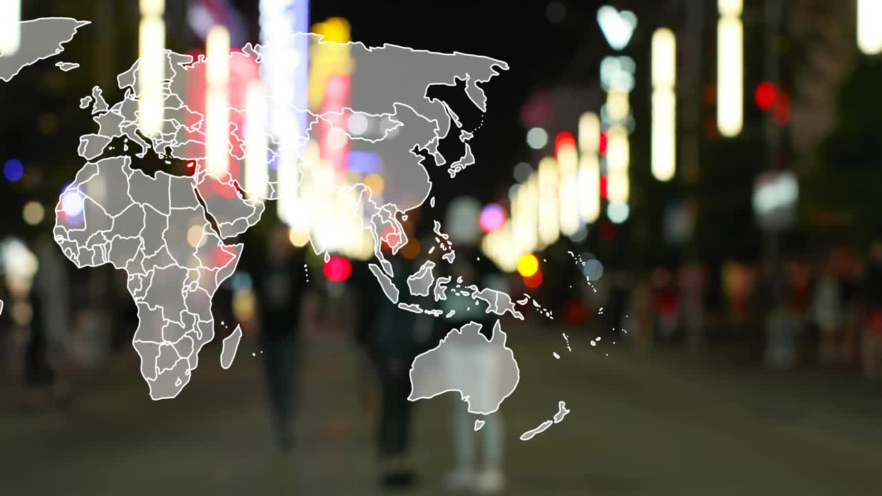 Overlay fading, continents drawing left-to-right, two blurred walkers moving, showing global reach