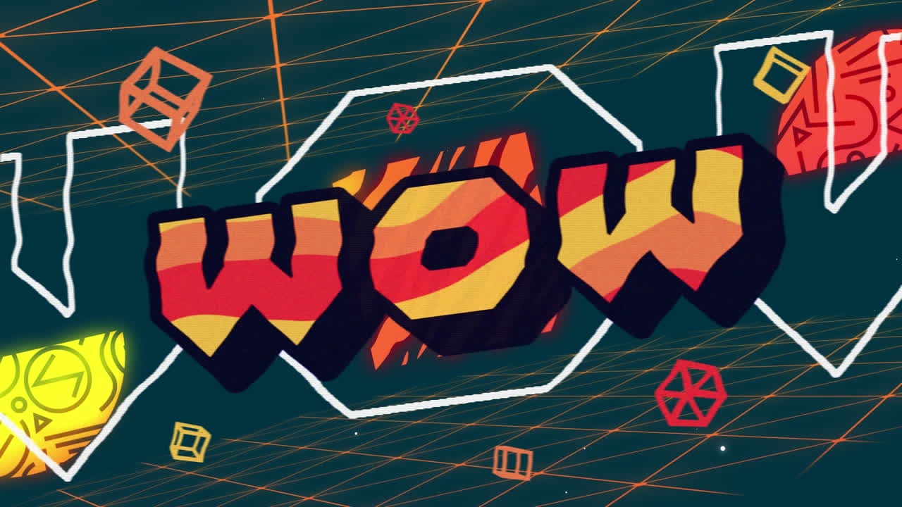 파란색 배경의 그리드 네트워크에 대한 와우 텍스트와 추상적인 모양의 디지털 애니메이션