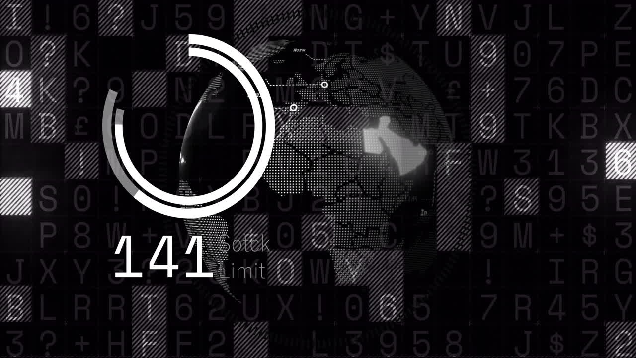 animación de procesamiento de datos digital sobre globo giratorio con 142 texto de límite de stock