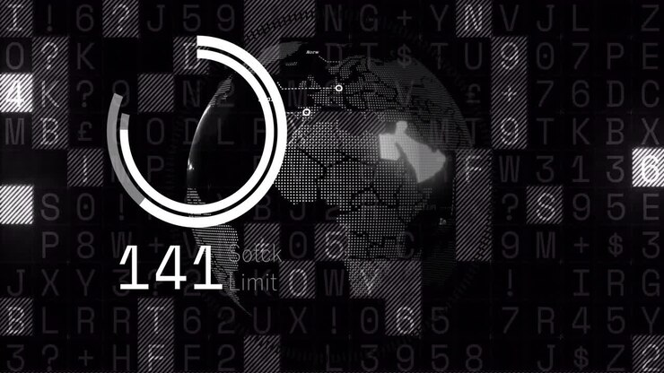 Digital data processing animation over rotating globe with 142 stock limit text