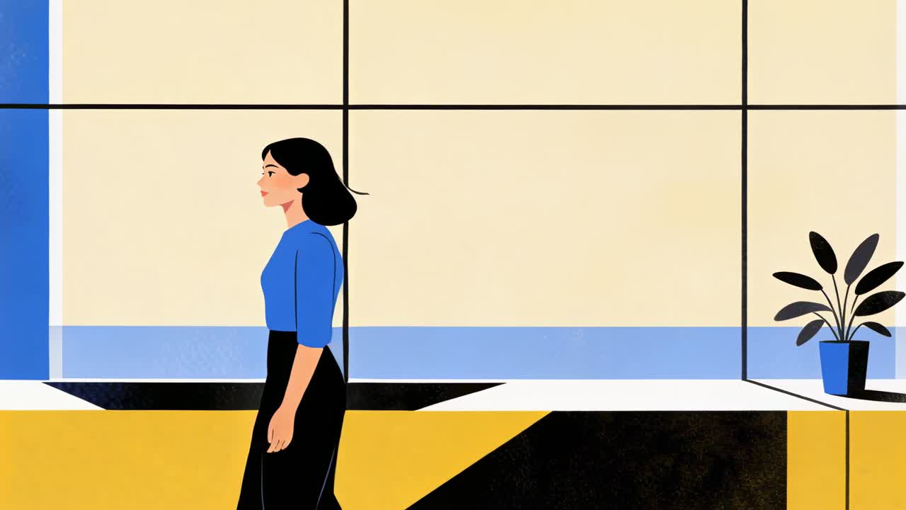 Appearing at left, woman in blue blouse and black skirt walking right along bench, passing plant