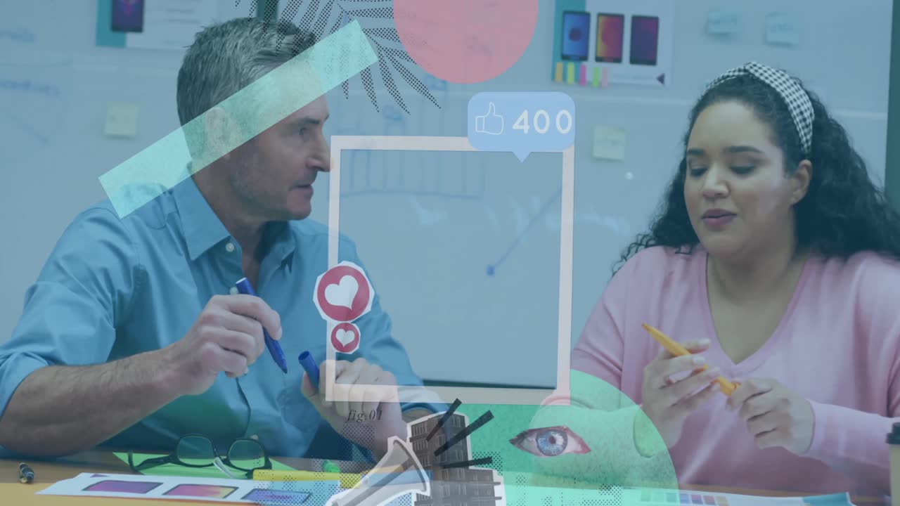 animación de iconos de los medios sobre diversas personas de negocios en la oficina