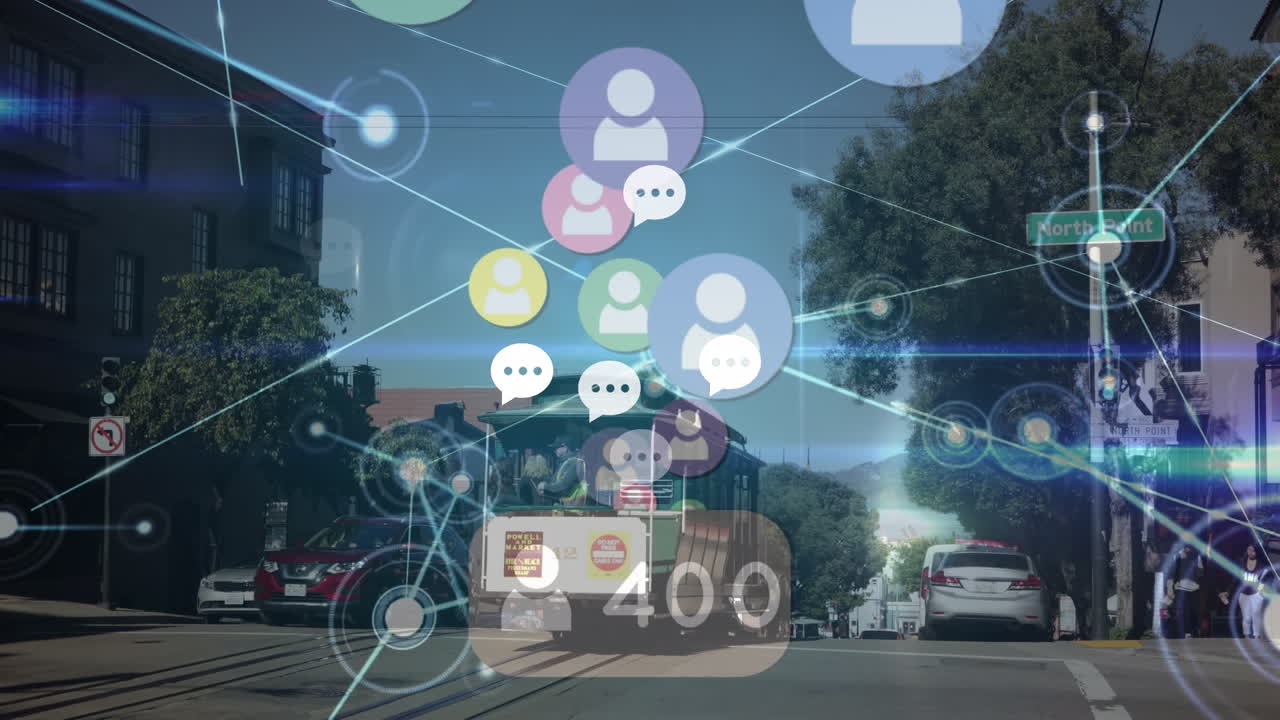 소셜 미디어 아이콘과 도시 풍경에 대한 연결 네트워크의 애니메이션