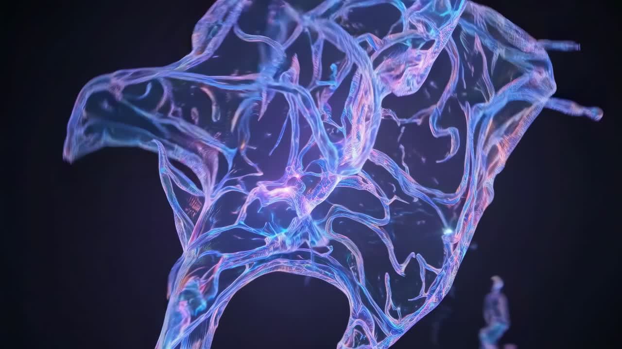 Close up of an abstract neon network with intricate luminous lines on a dark background showcasing vibrant colors and intricate details