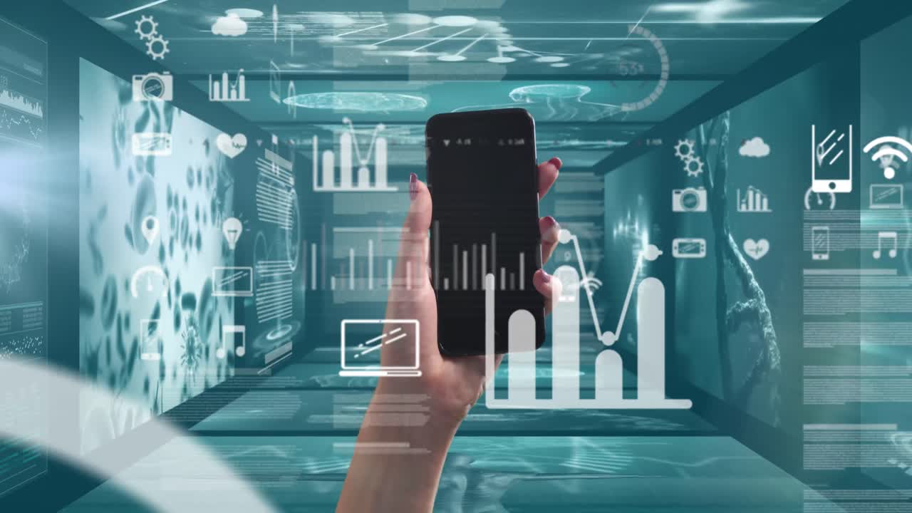 mano con un teléfono inteligente contra el procesamiento de datos