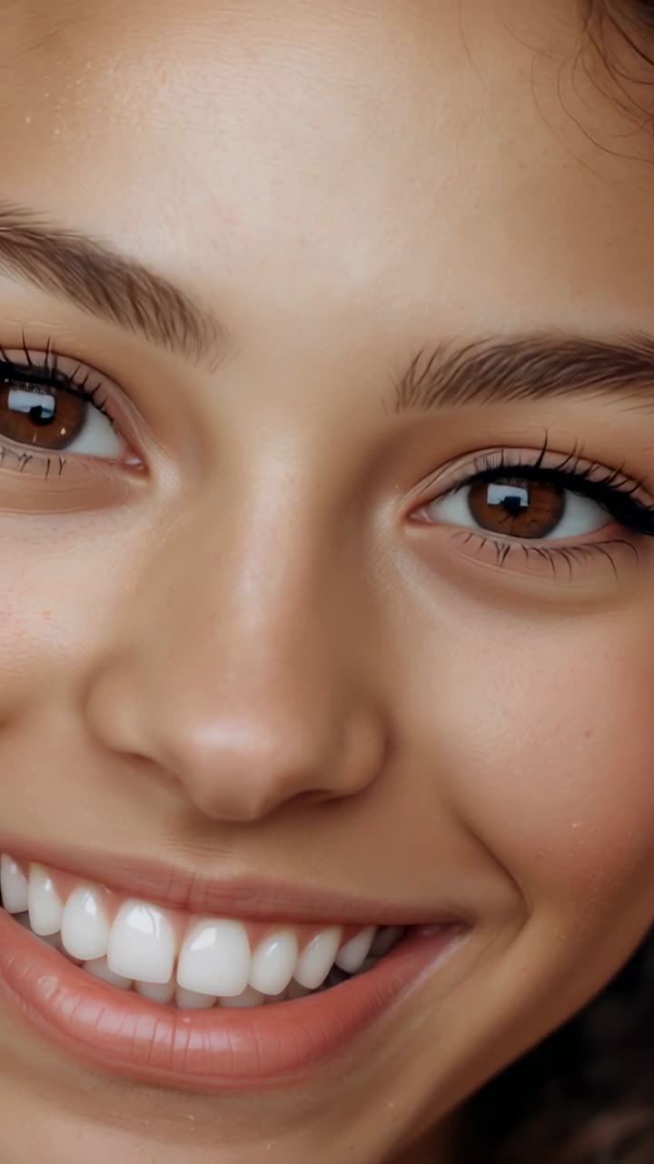 Vertical video: Smiling woman keeping small smile in studio while camera rolling with eyes, teeth