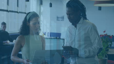 animation of financial data processing over diverse business people in office