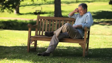 old male talking on the phone on a bench