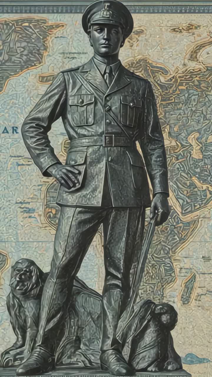 Vertical video: Panning camera revealing officer statue, animal sculptures and relief map in hall