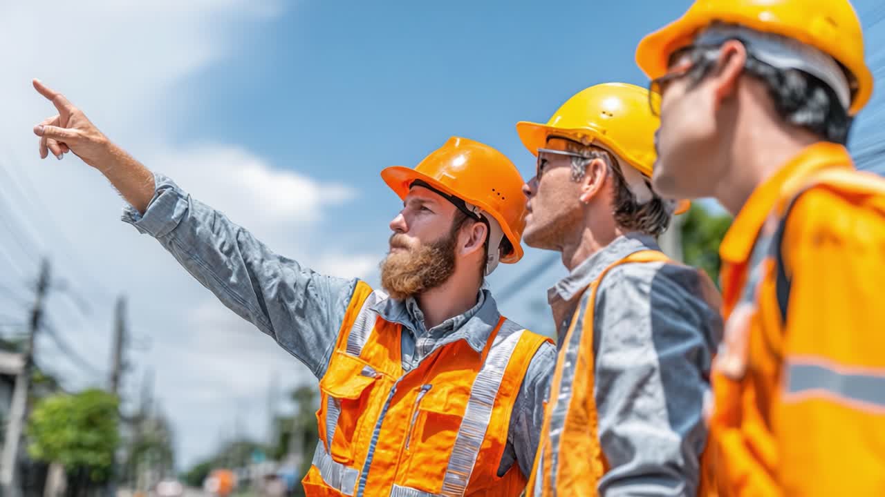 Three construction workers in safety gear are discussing and pointing towards the sky, showcasing teamwork and collaboration in a bright outdoor setting under a clear blue sky