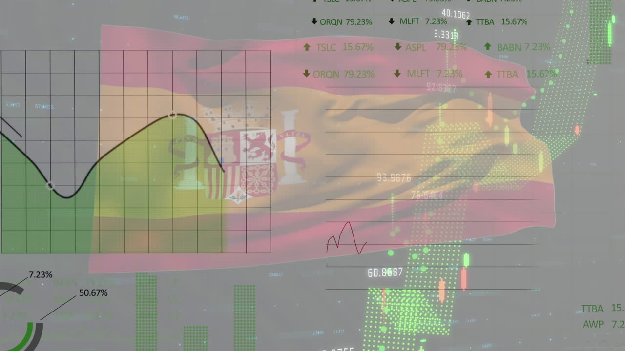 animación de gráficos y procesamiento de datos sobre la bandera de españa sobre fondo gris
