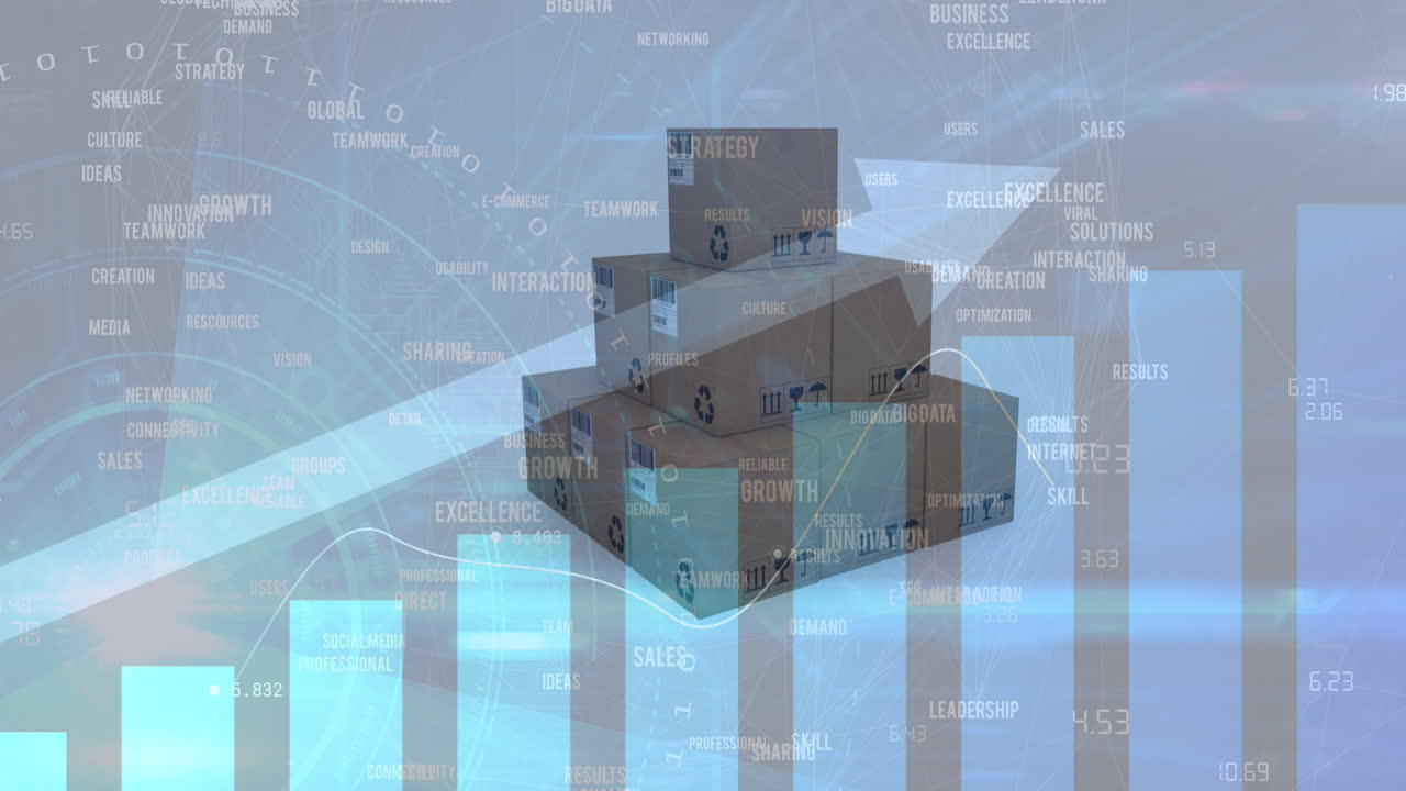 카드보드 상자 위에서 통계 및 데이터 처리와 함께 상승하는 화살표의 애니메이션