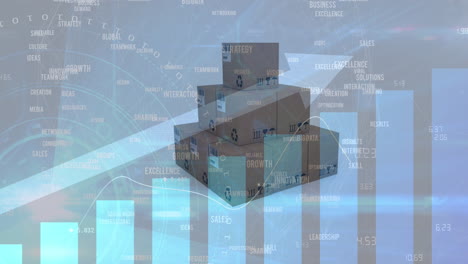 animation of arrow ascending with statistics and data processing over cardboard boxes