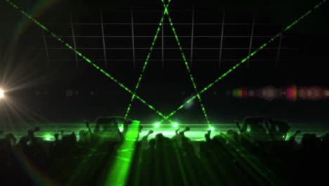 digital animation of green shining lights over silhouette of people dancing