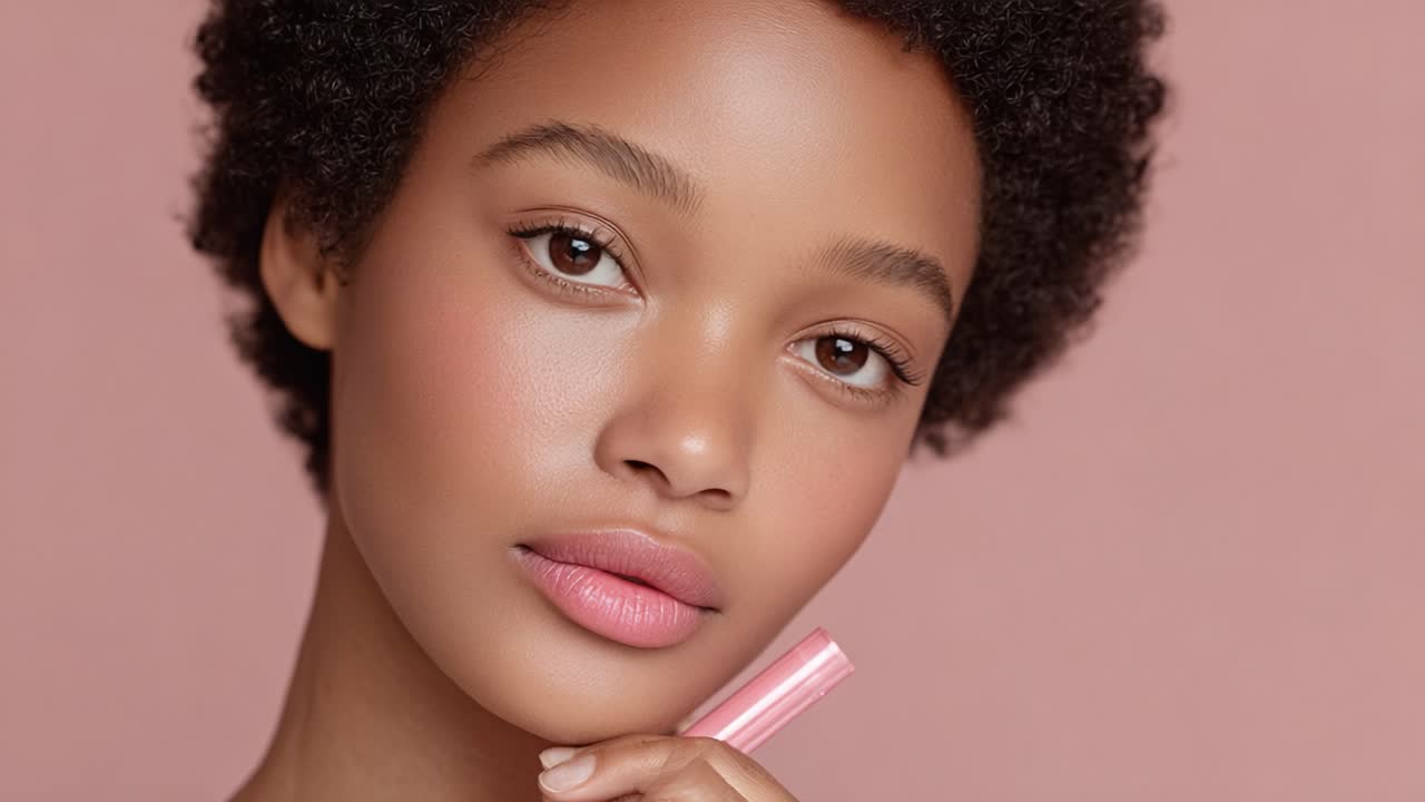 A Captivating Beauty Portrait Showcasing Flawless Skin and Natural Makeup, Highlighting the Elegance and Soft Features of the Model Against a Gentle Pink Background