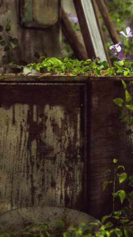 close up of an old rusty metal door with green vines growing around it