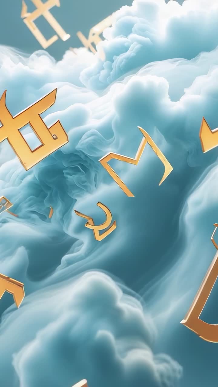 Vertical video: Starting loop showing golden symbols rotating in digital space with blue clouds