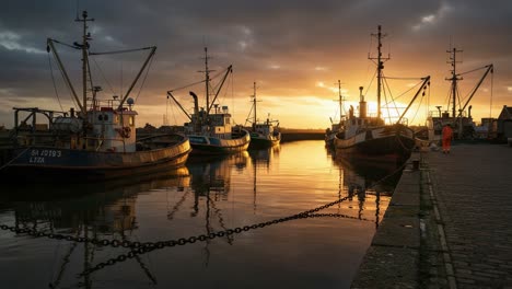 captivating sunset over a tranquil harbor with fishing boats reflected on gentle waters, creating an atmospheric scene of serenity and maritime beauty