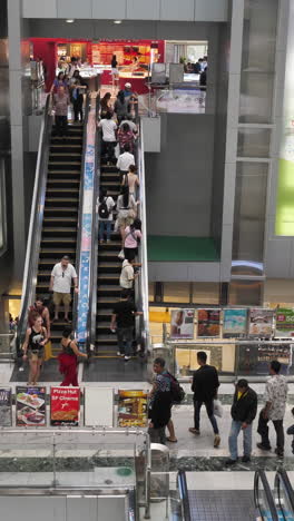 shopping mall interior with escalators and people