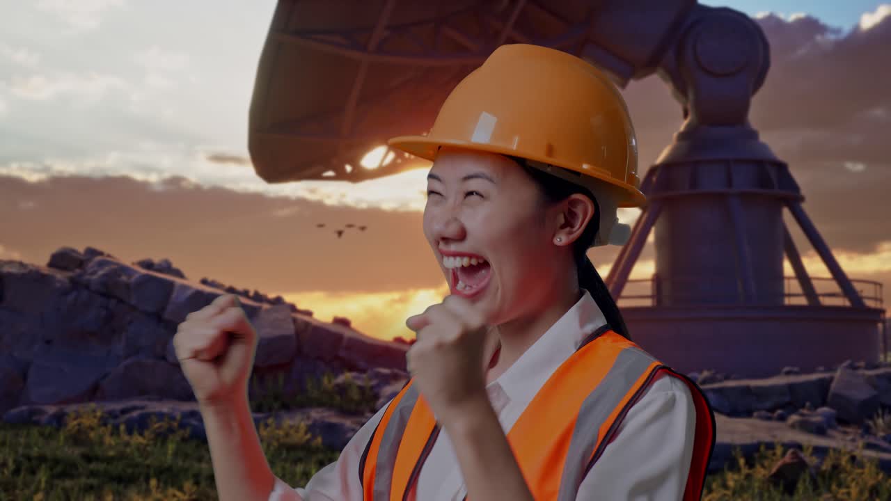 Close Up Of Side View Of Asian Female Engineer With Safety Helmet Screaming Goal Celebrating Working With Large Satellite Dish