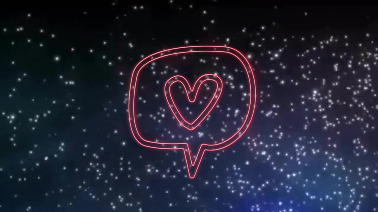 At start neon pink speech bubble heart pulsing, sparkles rising, receding evoking notification