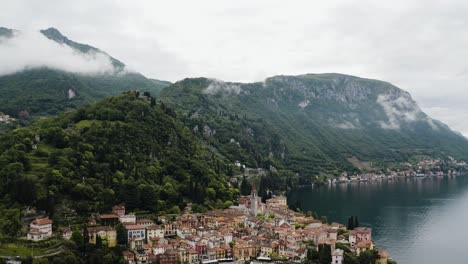 Aerial-view-of-Varenna,-Italy-on-the-shore-of-Lake-Como