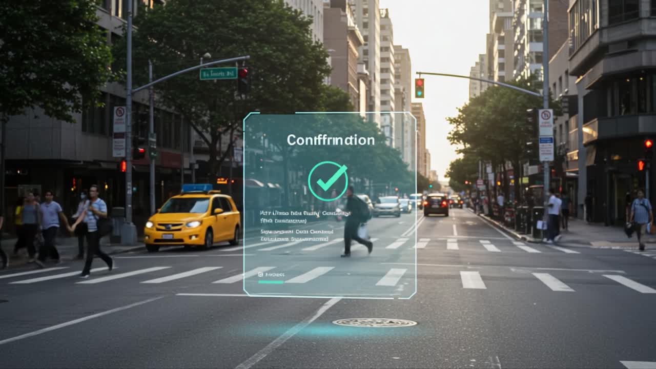 Urban Intersection Confirmation: Navigating a Bustling City Street with a Digital Overlay, Highlighting the Intersection of Technology and Daily Life