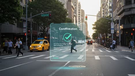 urban intersection confirmation: navigating a bustling city street with a digital overlay, highlighting the intersection of technology and daily life