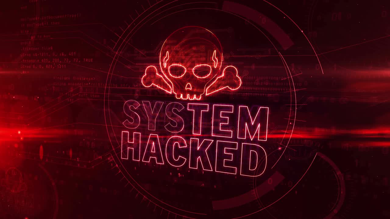 System hacked alert with skull symbol abstract animation
