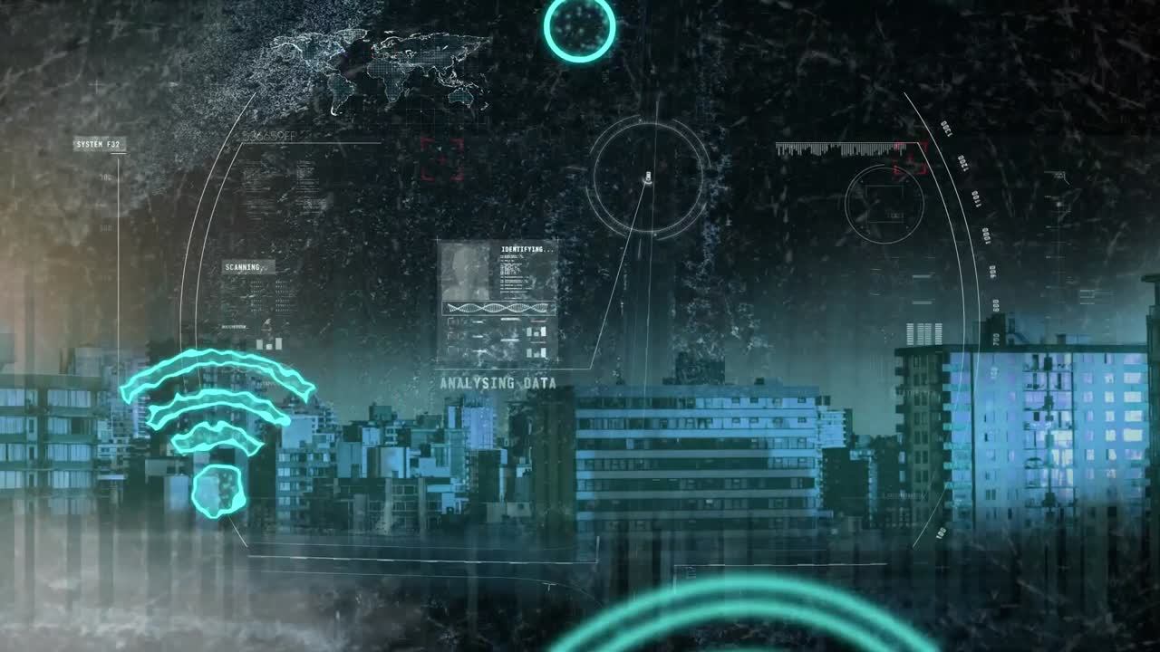 Animation of data processing over cityscape