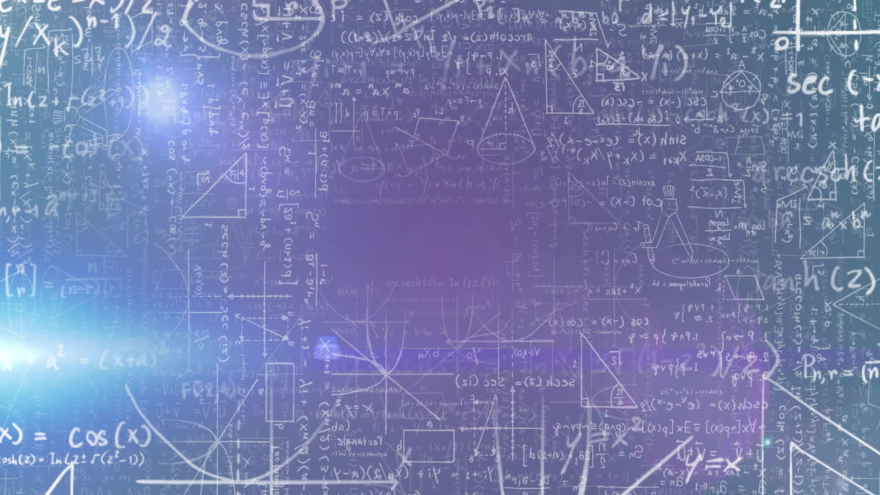 Animation of mathematical equations and diagrams with lens flares over black background