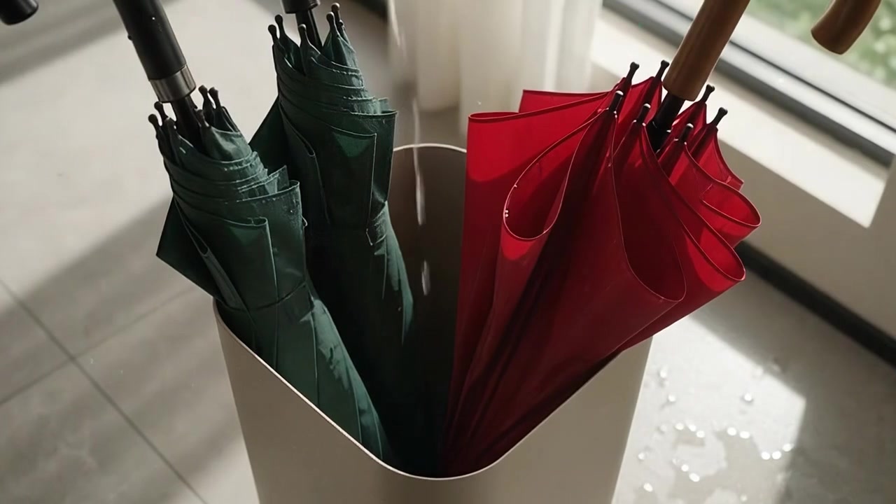 People Placing Wet Umbrellas in Stand at Home Entrance