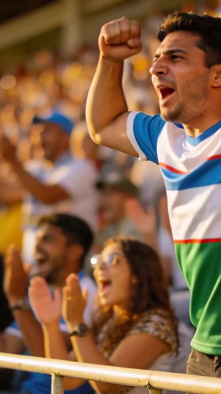 Video vertical: Aficionado inclinado con camiseta de equipo después de un gol, gritando, agarrado a la barandilla en las gradas, con espacio para texto.